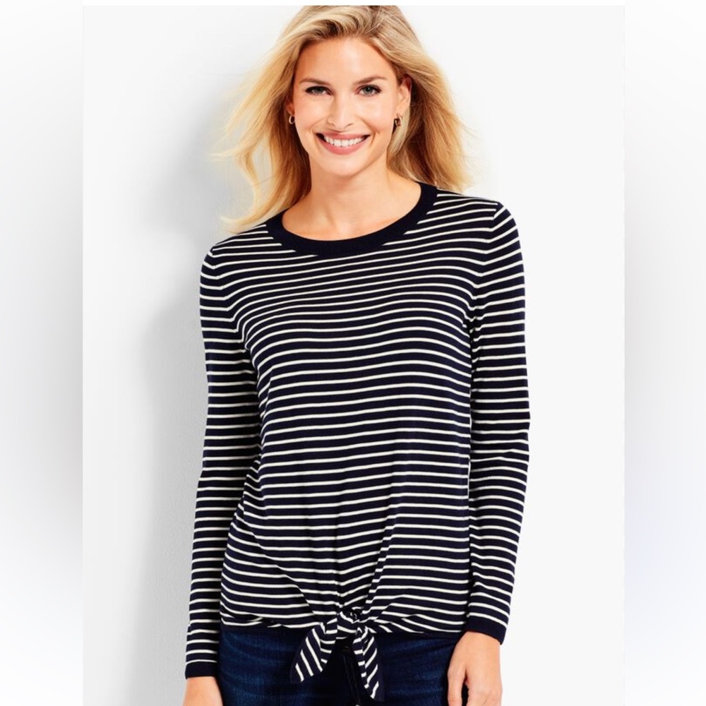 Talbots Sweater Women's Size Large Striped Tie Hem Navy Blue White